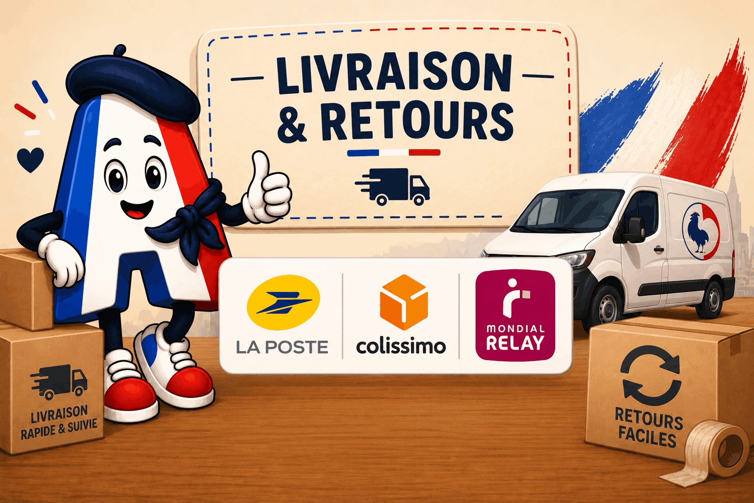 La mascotte d'Âmetricolore prépare un colis tricolore