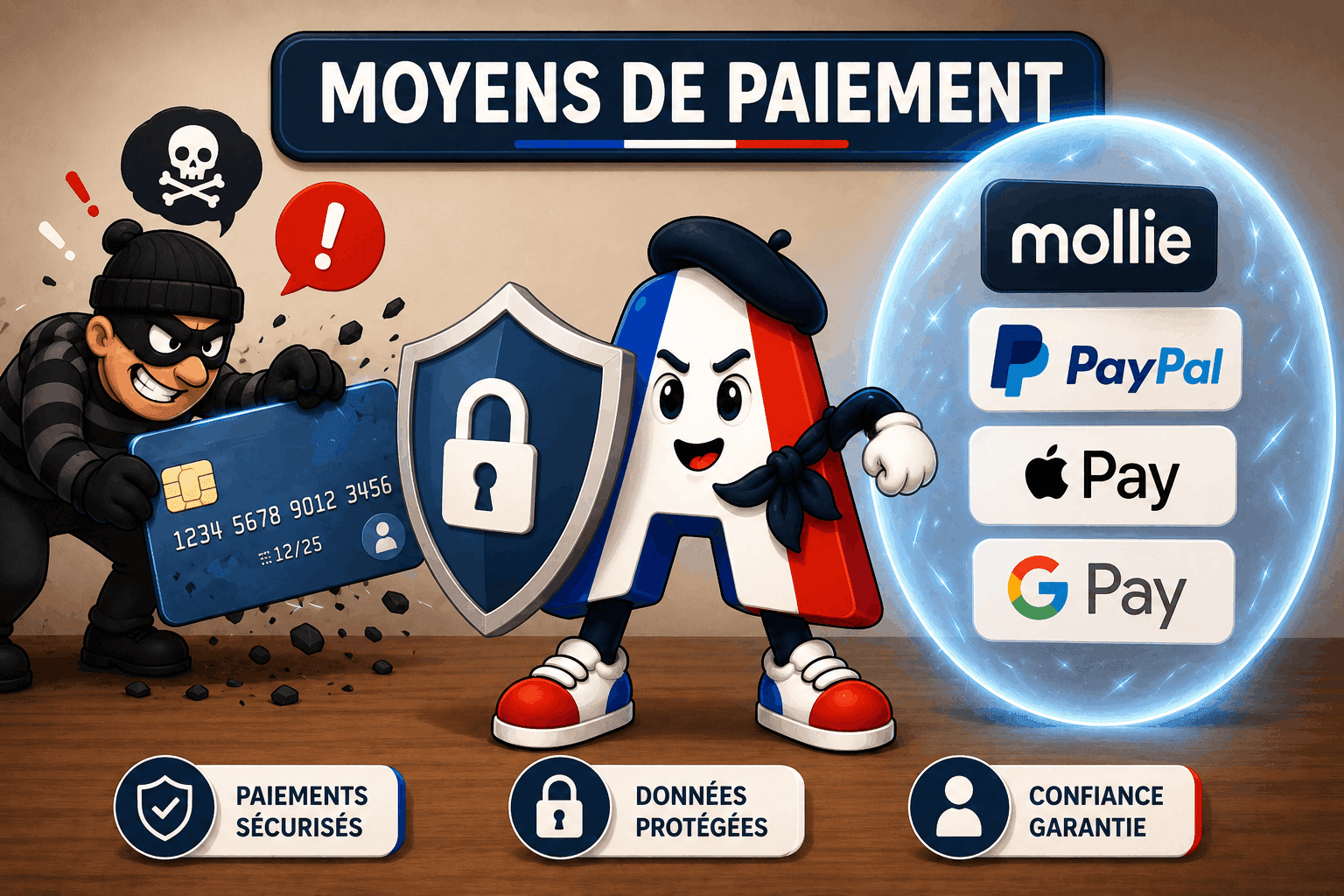 La mascotte d'Âmetricolore veille sur un paiement sécurisé